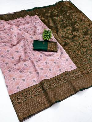 Baby pink green silk blend banarasi saree with unstitched blouse piece 2