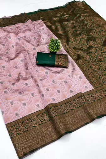 Baby pink green silk blend banarasi saree with unstitched blouse piece