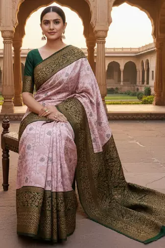 Baby pink green silk blend banarasi saree with unstitched blouse piece