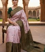 Baby pink green silk blend banarasi saree with unstitched blouse piece