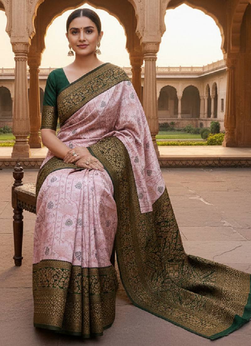Baby pink green  soft silk blend banarasi jacuard work designer party wear saree with unstitched blouse piece
