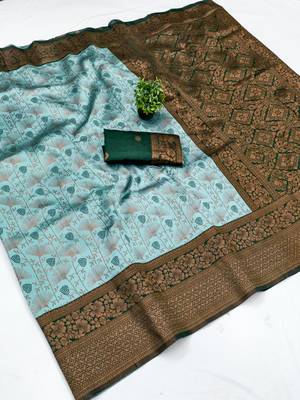 Sea green silk blend banarasi saree with unstitched blouse piece 1