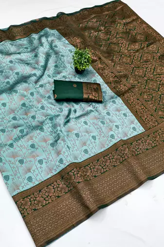 Sea green silk blend banarasi saree with unstitched blouse piece