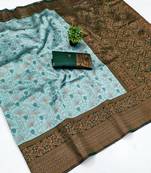 Sea green silk blend banarasi saree with unstitched blouse piece