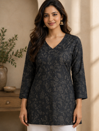 BLACK  REYON WITH DIGITAL PRINTED STYLISH WEAR KURTI 