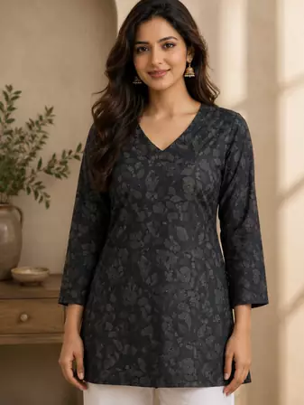 BLACK  REYON WITH DIGITAL PRINTED STYLISH WEAR KURTI 