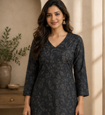 BLACK  REYON WITH DIGITAL PRINTED STYLISH WEAR KURTI 