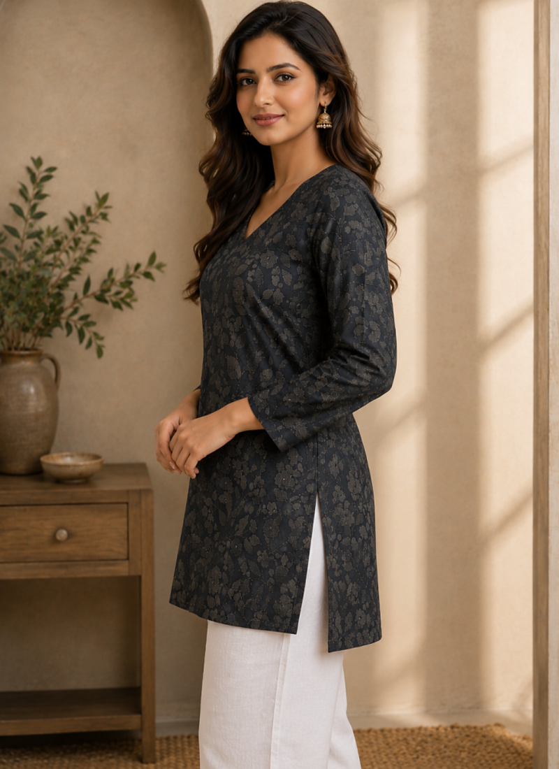 BLACK  REYON WITH DIGITAL PRINTED STYLISH WEAR KURTI 