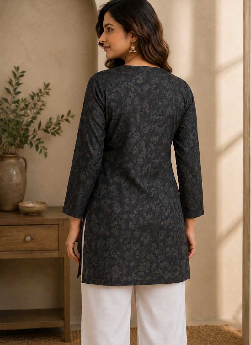 BLACK  REYON WITH DIGITAL PRINTED STYLISH WEAR KURTI 