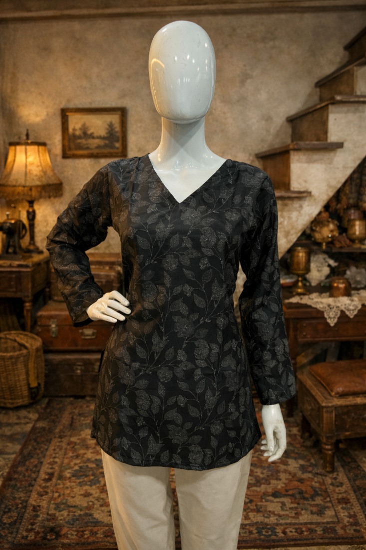 BLACK  REYON WITH DIGITAL PRINTED STYLISH WEAR KURTI 