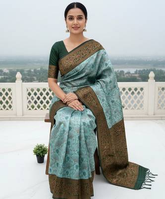 Sea green silk blend banarasi saree with unstitched blouse piece 2
