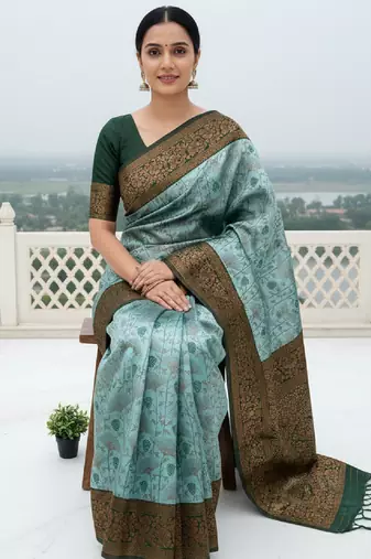 Sea green silk blend banarasi saree with unstitched blouse piece