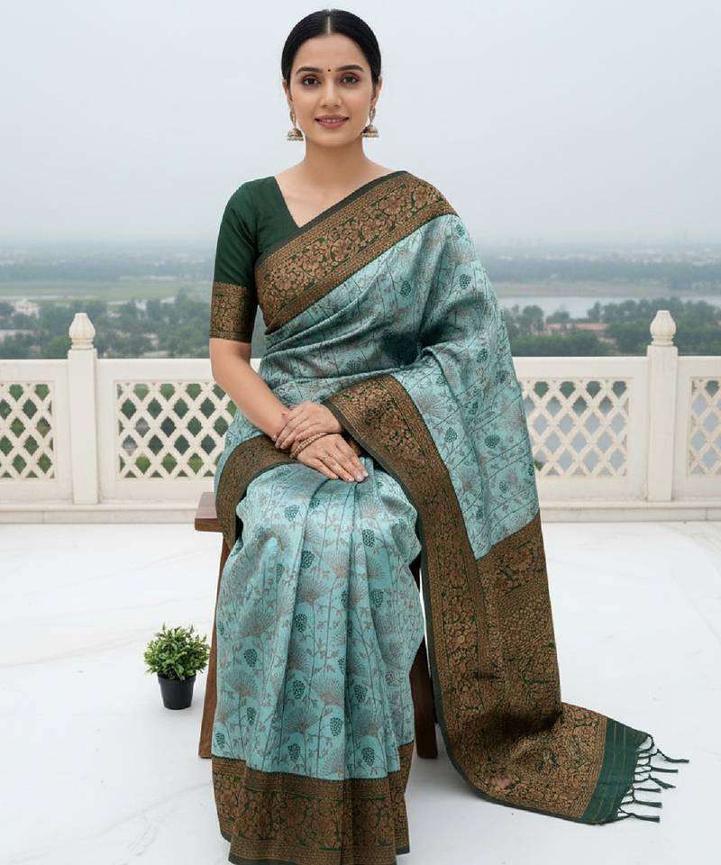 Sea green soft silk blend banarasi jacuard work designer party wear saree with unstitched blouse piece