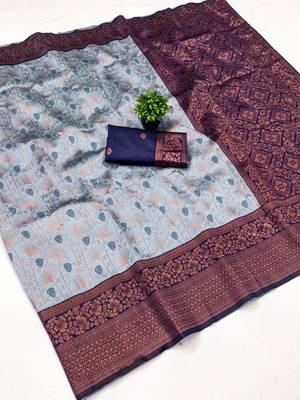 Grey navy blue silk blend banarasi saree with unstitched blouse piece 1