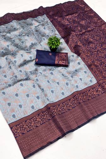 Grey navy blue silk blend banarasi saree with unstitched blouse piece