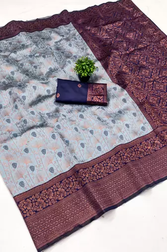 Grey navy blue silk blend banarasi saree with unstitched blouse piece