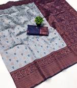 Grey navy blue silk blend banarasi saree with unstitched blouse piece
