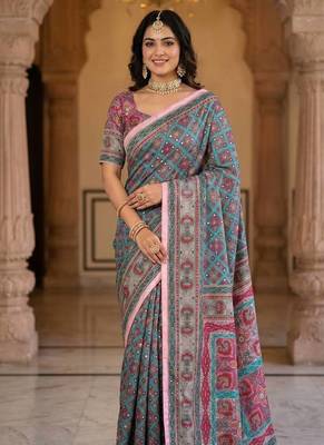 Roman Silk With ajarakh Print And Real Mirror work Women's Saree With Blouse Set 1
