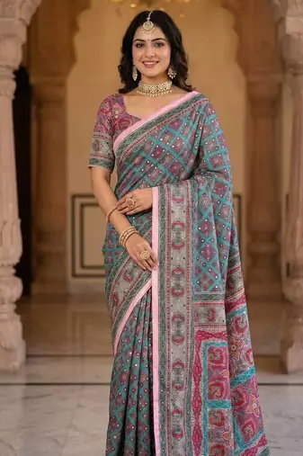 Roman Silk With ajarakh Print And Real Mirror work Women's Saree With Blouse Set
