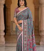Roman Silk With ajarakh Print And Real Mirror work Women's Saree With Blouse Set