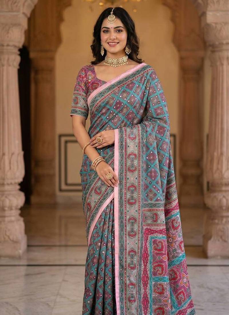 Roman Silk With ajarakh Print And Real Mirror work Women's Saree With Blouse Set