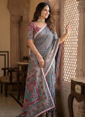 Roman Silk With ajarakh Print And Real Mirror work Women's Saree With Blouse Set 2
