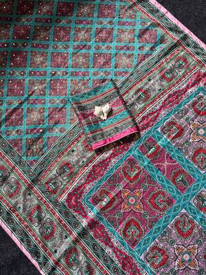Roman Silk With ajarakh Print And Real Mirror work Women's Saree With Blouse Set 4