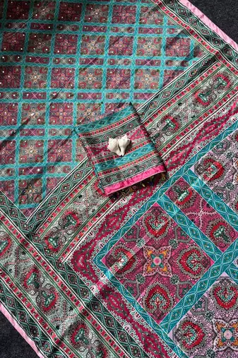 Roman Silk With ajarakh Print And Real Mirror work Women's Saree With Blouse Set