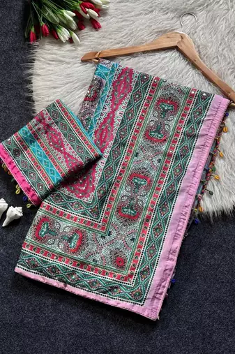 Roman Silk With ajarakh Print And Real Mirror work Women's Saree With Blouse Set