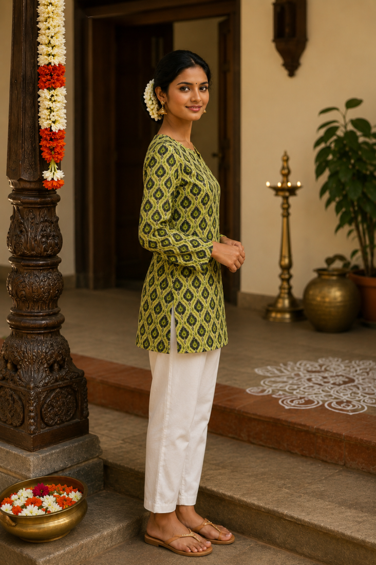 LIGHT GREEN  REYON WITH DIGITAL PRINTED STYLISH WEAR KURTI 