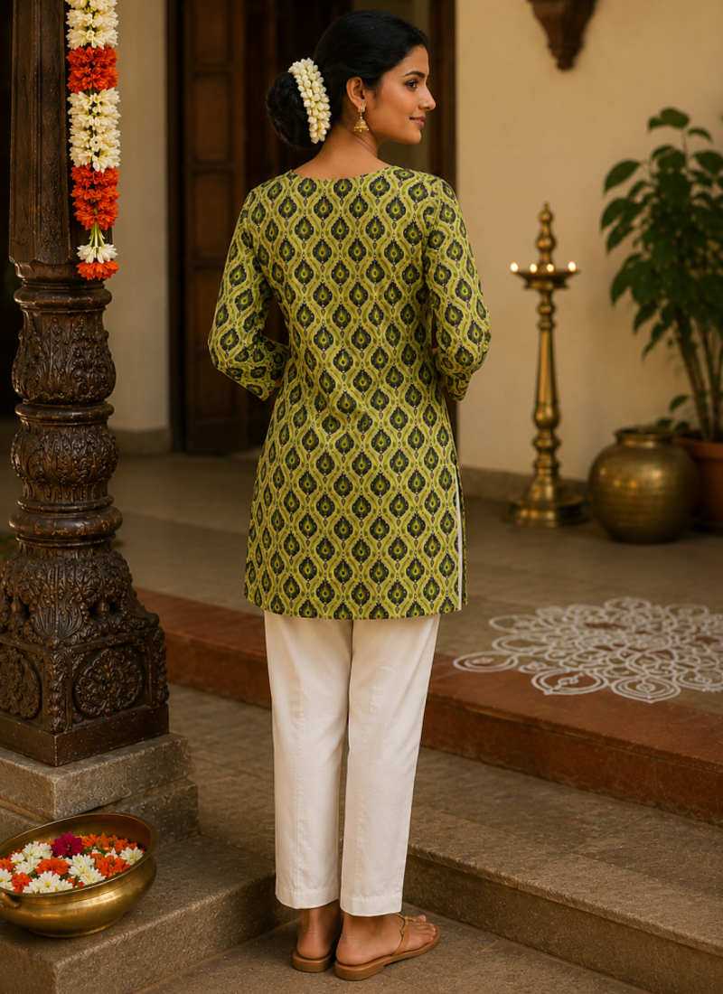 LIGHT GREEN  REYON WITH DIGITAL PRINTED STYLISH WEAR KURTI 