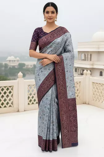 Grey navy blue soft silk blend banarasi jacuard work designer party wear saree with unstitched blouse piece
