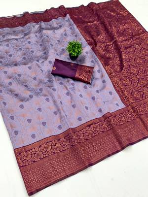 Lavender wine silk blend banarasi saree with unstitched blouse piece 1