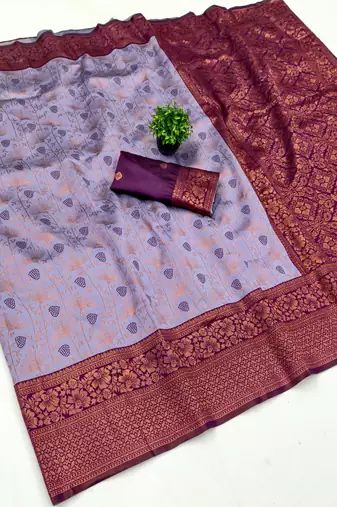 Lavender wine silk blend banarasi saree with unstitched blouse piece