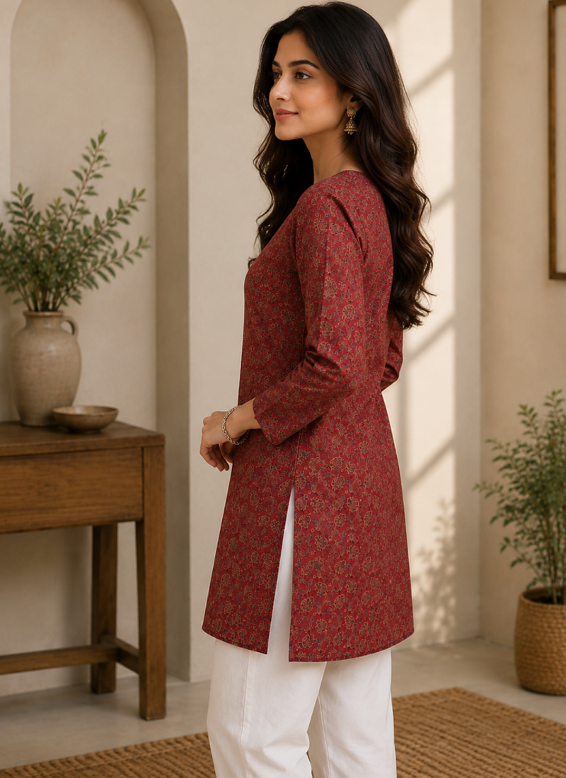 MAROON  REYON WITH DIGITAL PRINTED STYLISH WEAR KURTI 
