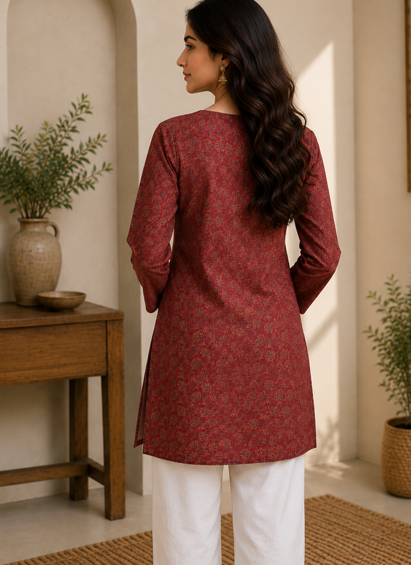 MAROON  REYON WITH DIGITAL PRINTED STYLISH WEAR KURTI 