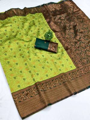 Lemon green silk blend banarasi saree with unstitched blouse piece 1