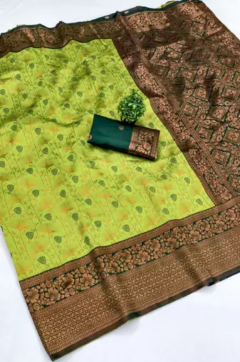 Lemon green silk blend banarasi saree with unstitched blouse piece