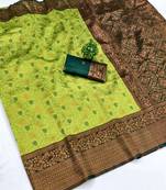 Lemon green silk blend banarasi saree with unstitched blouse piece