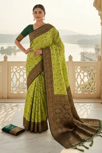 Lemon green soft silk blend banarasi jacuard work designer party wear saree with unstitched blouse piece