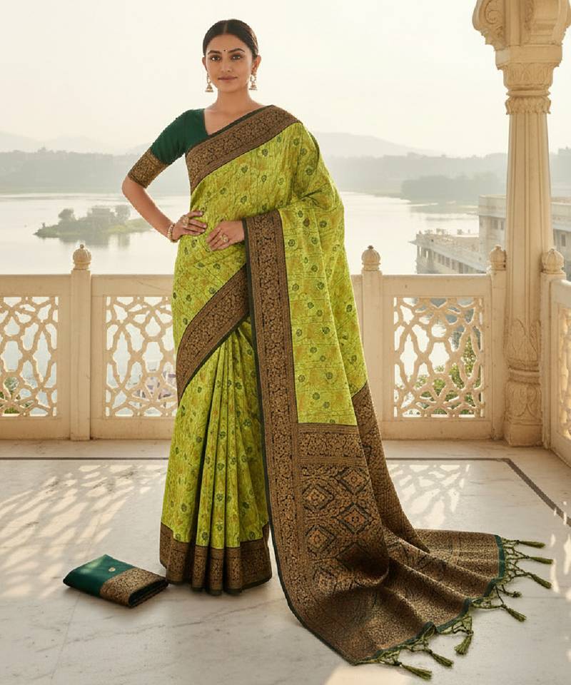 Lemon green soft silk blend banarasi jacuard work designer party wear saree with unstitched blouse piece