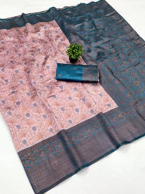 Peach sky silk blend banarasi saree with unstitched blouse piece 1