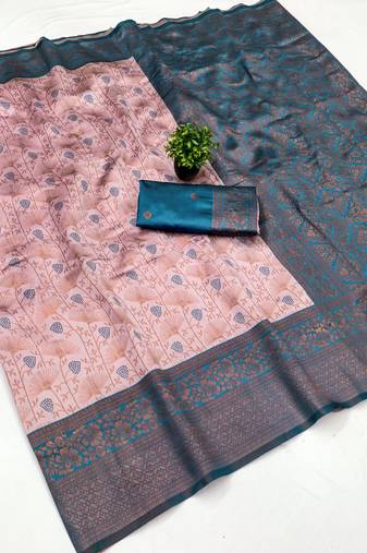 Peach sky soft silk blend banarasi jacuard work designer party wear saree with unstitched blouse piece
