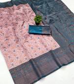 Peach sky silk blend banarasi saree with unstitched blouse piece