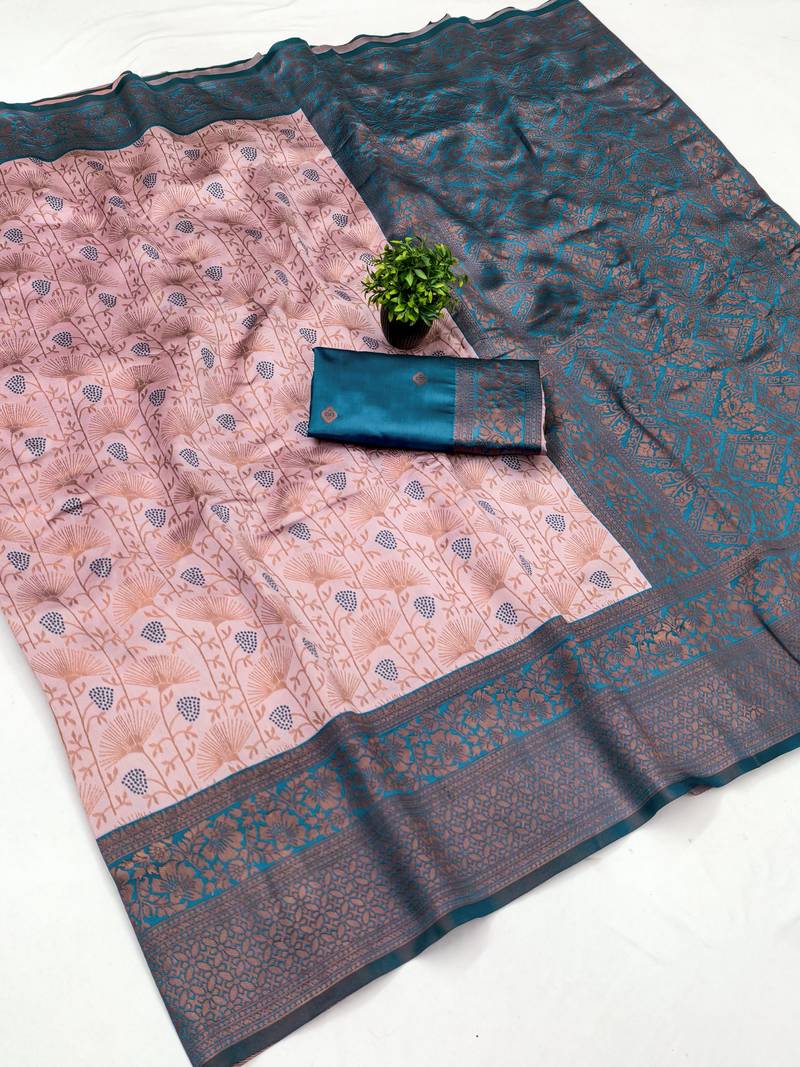 Peach sky soft silk blend banarasi jacuard work designer party wear saree with unstitched blouse piece