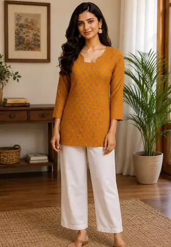 MUSTARD  REYON WITH DIGITAL PRINTED STYLISH WEAR KURTI 