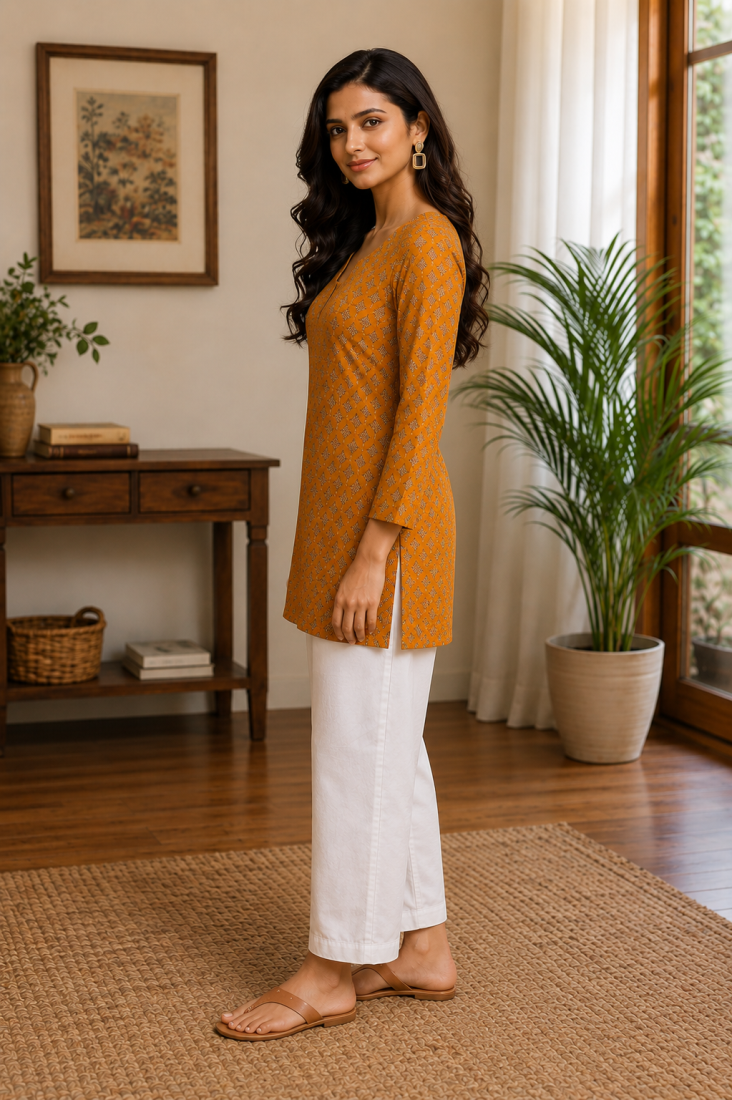 MUSTARD  REYON WITH DIGITAL PRINTED STYLISH WEAR KURTI 
