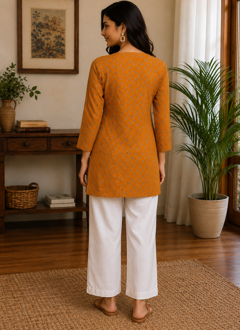 MUSTARD  REYON WITH DIGITAL PRINTED STYLISH WEAR KURTI 