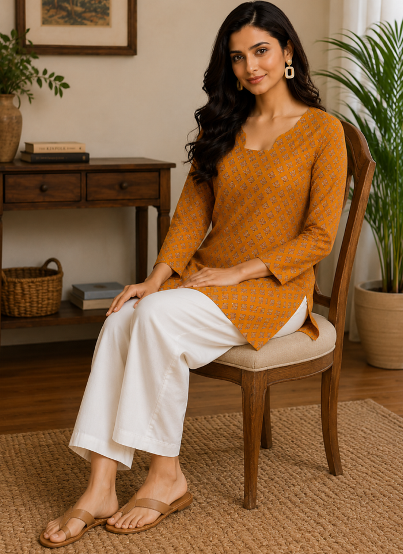 MUSTARD  REYON WITH DIGITAL PRINTED STYLISH WEAR KURTI 