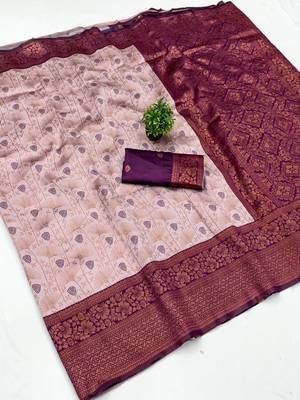 Peach wine silk blend banarasi saree with unstitched blouse piece 1